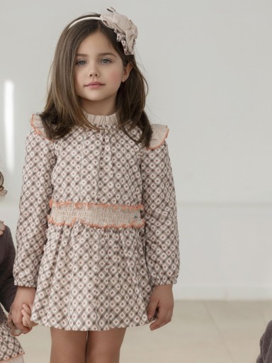 Miranda Vestido Infantil Ceremonia Estampado Geométrico Marrón Cuadro Vichy "Aria" 0608/V [1]