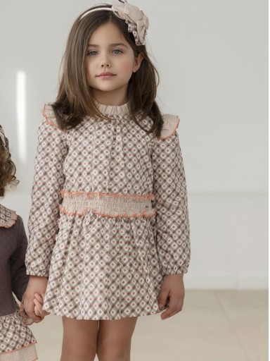 Miranda Vestido Infantil Ceremonia Estampado Geométrico Marrón Cuadro Vichy "Aria" 0608/V [2]