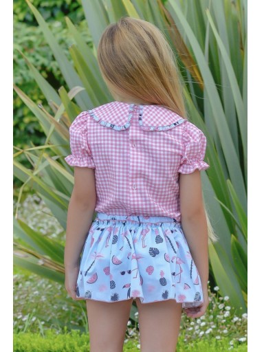 Daniesty Conjunto "LAGUNA" Infantil Falda Estampada flamencos Blusa Cuadro Vichy 014 [1]