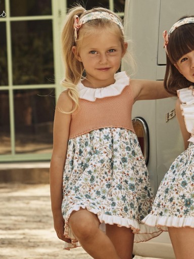 Juliana Vistiendo Bebés Vestido Cuerpo Punto Salmón Falda Tela Flores "Vainilla" 26123