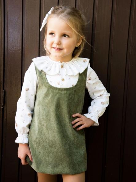 Daniesty Vestido Infantil Corte Evasé Verde Mangas Camisa 004 [0]
