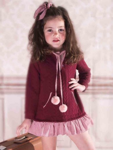 Daniesty Vestido Infantil Evase Granate Capucha Volante Cuadro Vichy  Familia Belen 004 [0]