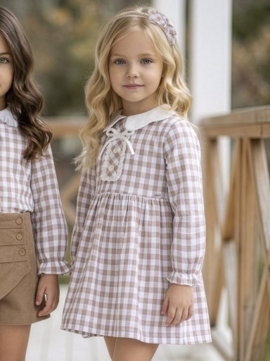Miranda Vestido Infantil Cuadro Vichy Blanco y Camel Botonadura Lazada "Jasmine" 0608/V [0]