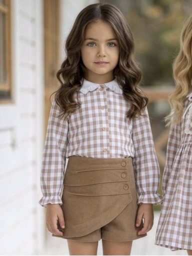 Miranda Conjunto Infantil Blusa Cuadro vichy Camel Short Solapa Botones "Jasmine" 0609/23 [0]