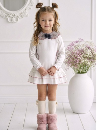 Miranda Vestido Infantil  Beig Falda Volantes Cuello Estampado Flores Rosa y Gris Pompones "Kida" 0612/V [0]