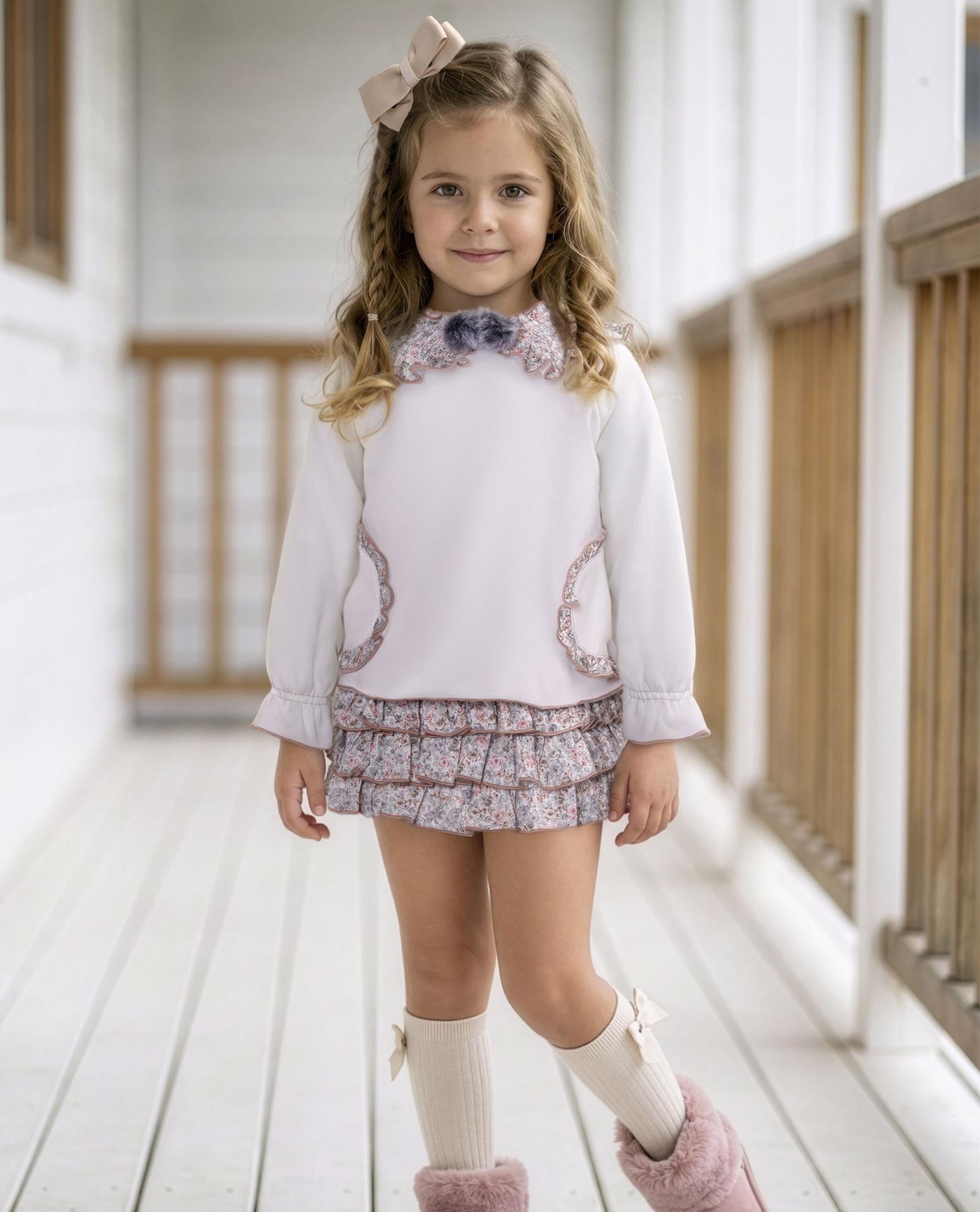 Miranda Conjunto Infantil Sudadera Beig Cuello Pompones Braguita Volantes Flores "Kida" 0612/23
