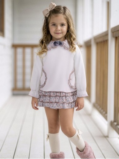 Miranda Conjunto Infantil Sudadera Beig Cuello Pompones Braguita Volantes Flores "Kida" 0612/23 [0]
