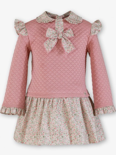 Miranda Vestido Infantil Cuerpo Cloqué Rosa Volantes Estampados Lazada Falda Estampada Flores "Vaiana" 0616/V [1]