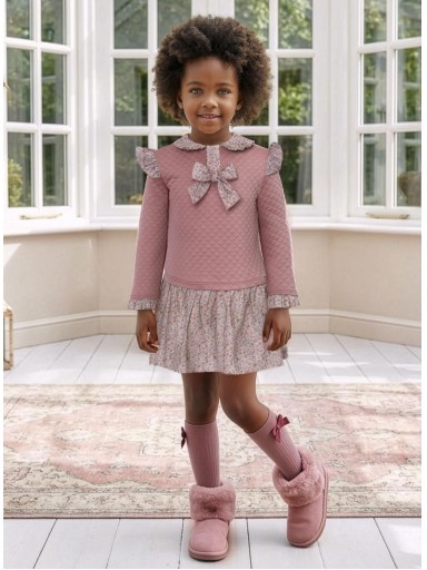 Miranda Vestido Infantil Cuerpo Cloqué Rosa Volantes Estampados Lazada Falda Estampada Flores "Vaiana" 0616/V [0]
