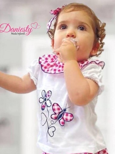 Daniesty Conjunto Bebé Camiseta aplicaciones Braguita Volantes Mariposas Vichy 010