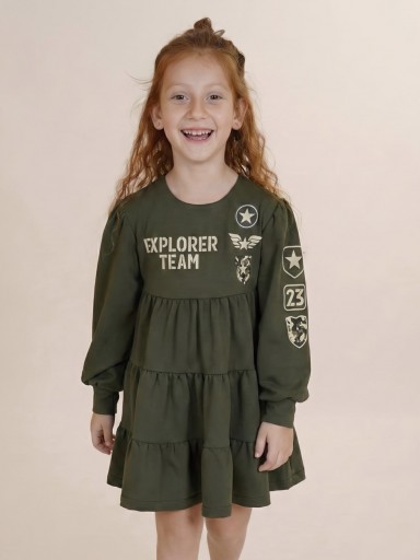 Vera By Nekenia Vestido Infantil Cortes Drapeados Insignias Verde "Vela" 26IV05