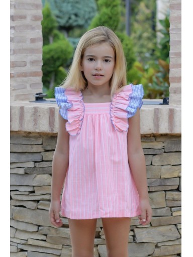 Daniesty vestido "GRETA" Infantil Evasé Rayas Volante Cuadro Vichy azul 004