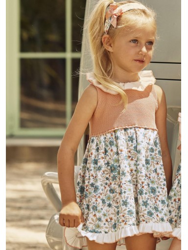 Juliana Vistiendo Bebés Vestido Cuerpo Punto Salmón Falda Tela Flores "Vainilla" 26123 [1]