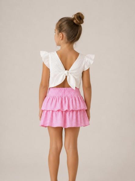 Miranda Conjunto Infantil Top Perforado Falda Volantes Cuadro Vichy Rosa 0604/2F [1]
