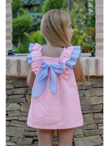 Daniesty vestido "GRETA" Infantil Evasé Rayas Volante Cuadro Vichy azul 004 [1]