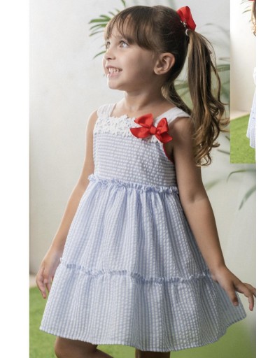 Basmarti Vestido Infantil  rayas azules guipour lazo rojo Indira Gandhi 85092