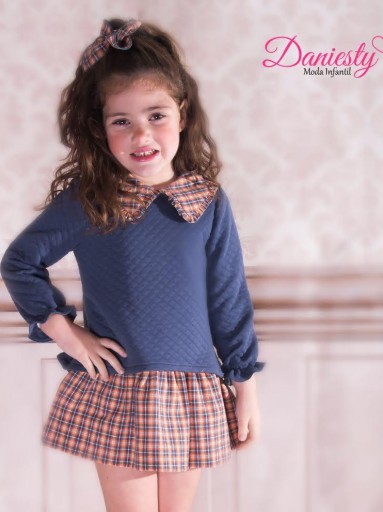Daniesty Vestido  Vuelo Cuerpo Cloque Azul  Falda de Cuadros Familia Gabriela 002 [0]