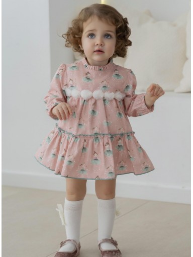 Miranda Vestido Bebe  Rosa Palo Estampado Muñecas Tu-tu Gris "Courtney" 0518/V