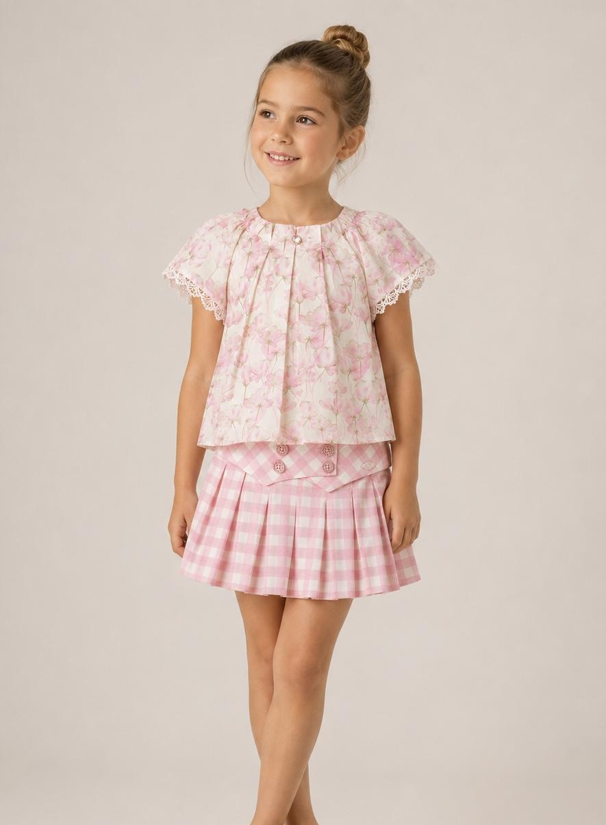 Miranda Vestido Conjunto Blusa Flores y Falda Cuadros "Rosa" 0233/2F