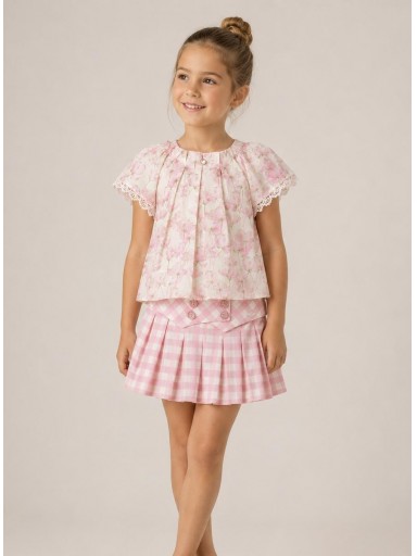 Miranda Vestido Conjunto Blusa Flores y Falda  Cuadros "Rosa" 0233/2F [0]
