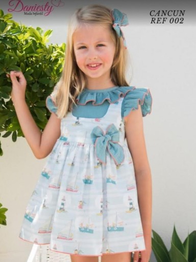 Daniesty Vestido Infantil Simil Pichi  Verde  Estampado Barcos Familia Cancun 002 [1]