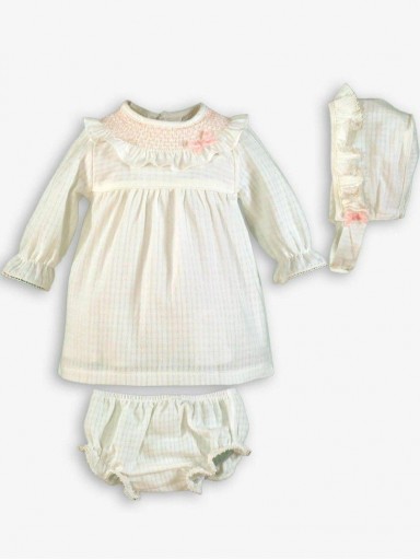 Miranda Vestido Bebe con braguita y Gorro Cuello Nido Abeja 0022/VBG  [0]