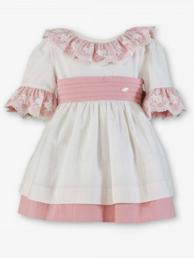 Miranda Vestido Infantil Ceremonia  Blanco Fajin Rosa Volante Puntilla "Gladiolo" 0230/V [5]