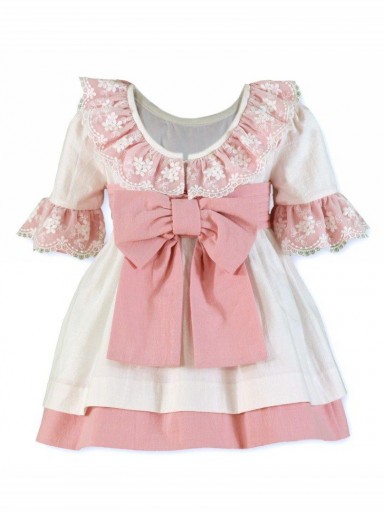 Miranda Vestido Infantil Ceremonia  Blanco Fajin Rosa Volante Puntilla "Gladiolo" 0230/V [6]
