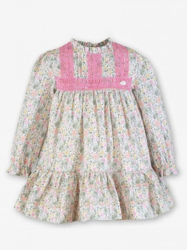 Miranda Vestido Infantil Estampado Flores Rosa y Verde Tiras Puntilla Rosa "Tinker Bell" 0248/V [1]