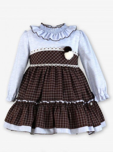 Miranda Vestido Infantil  Ceremonia Cuadros Marrón Mangas Gris Pompones "Yzma" 0247/V [1]