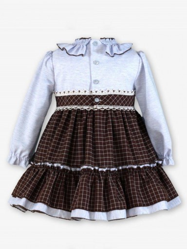 Miranda Vestido Infantil  Ceremonia Cuadros Marrón Mangas Gris Pompones "Yzma" 0247/V [2]