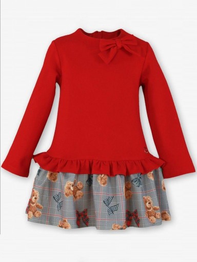 Miranda Vestido Infantil Cuerpo Punto Rojo Falda Gris Estampada Pata de Gallo Ositos "Mirabel" 0252/V [1]