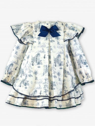 Miranda Vestido Infantil Ceremonia Blanco Estampado Azul Pliegues Lazada Azul "Raya" 0233/V [1]