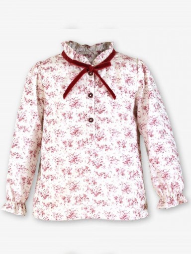 Miranda Conjunto Infantil Blusa Blanca Estampada Flores Granate Falda de terciopelo Granate "Abby Park" 0228/2F [1]