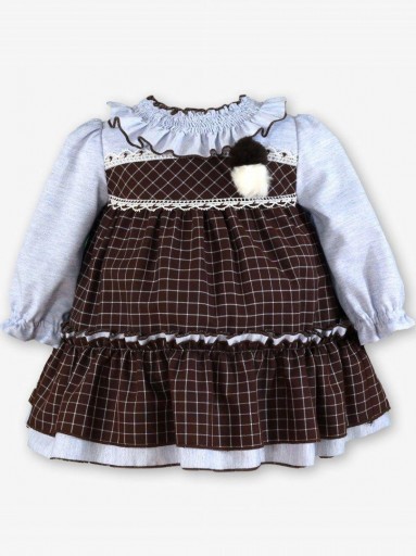 Miranda Vestido Bebe Ceremonia Cuadros Marrón Mangas Azul Pompones "Yzma" 0147/V [1]