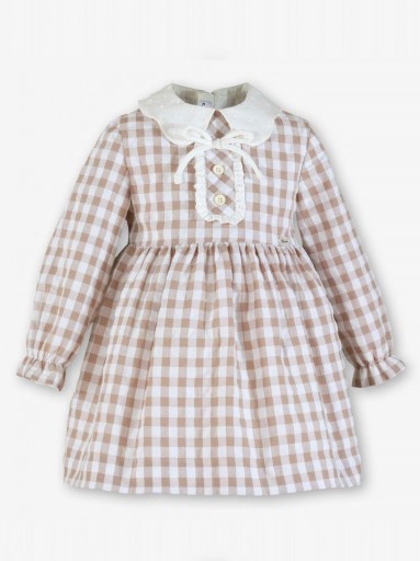 Miranda Vestido Infantil Cuadro Vichy Blanco y Camel Botonadura Lazada "Jasmine" 0608/V [1]