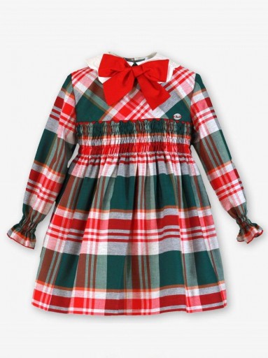 Miranda Vestido Infantil Cuadros Escoceses Verde Cuello Blanco Lazada Roja "Boo" 0618V [1]