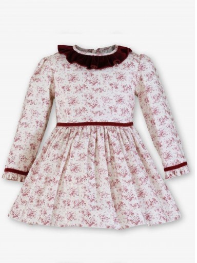 Miranda Vestido Infantil Ceremonia Blanco Estampado Flores Granate Tiras Terciopelo "Abbie Park" 0228/V [1]