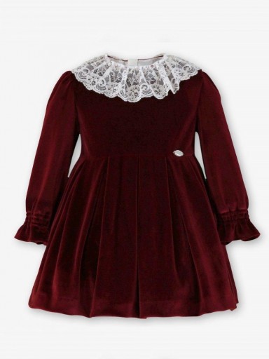 Miranda Vestido Infantil Ceremonia Terciopelo Granate Cuello Puntilla Blanco "Giselle" 0229/V [1]