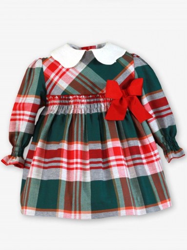 Miranda Vestido Bebe Cuadros escoceses Verde Cuello Blanco Lazada Roja "Boo" 0518V [1]