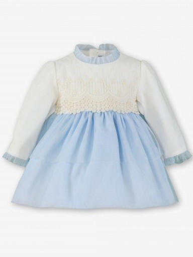 Miranda Vestido Bebe Ceremonia  Cuerpo Crudo Guipour Falda Tul Celeste "Bella" 0122/V [1]