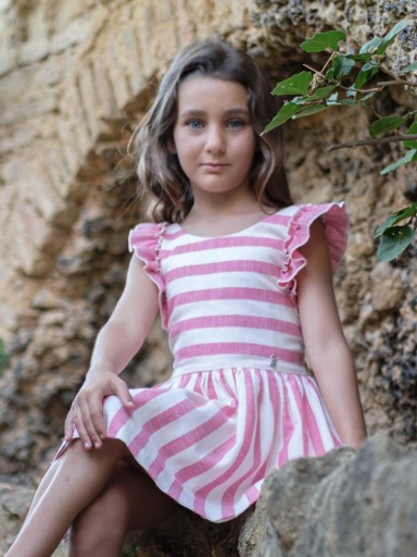 Nekenia Vestido Infantil Vuelo Rayas Fucsia Tirantes Cruzados Espalda 24VV26