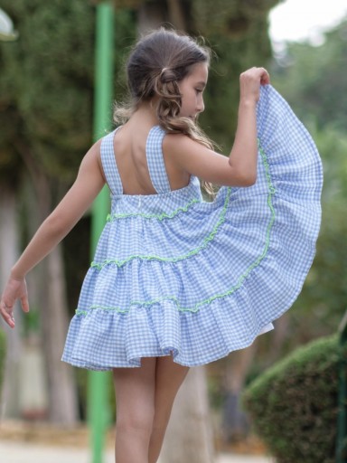 Nekenia Vestido Infantil Vuelo Cuadros Vichy Celeste Tirantes Espalda Vivo Lima 24VV05 [1]