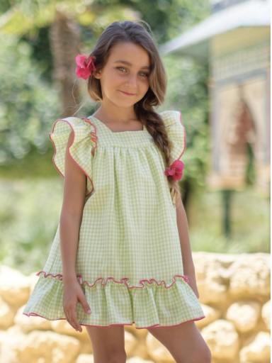 Nekenia Vestido Infantil Sapito Cuadros Vichy Pistacho Volantes Lazada Vivo Fucsia 24VV06
