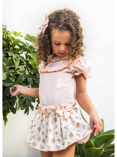 Daniesty Conjunto Falda Estampado Flores Blusa Cuadros Naranja Manga Farol Familia Florencia 014 [0]