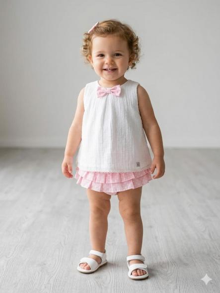 Nekenia Conjunto Bebé Blusa Tirantes Plumeti Braguita Sobrefalda Topos 24VC18 Rosa [0]