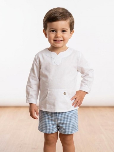 Nekenia Conjunto Bébe Camisa Blanca Bolsillos Canguro Pantalón Corto  Cuadro Vichy Celeste 2221503 [0]