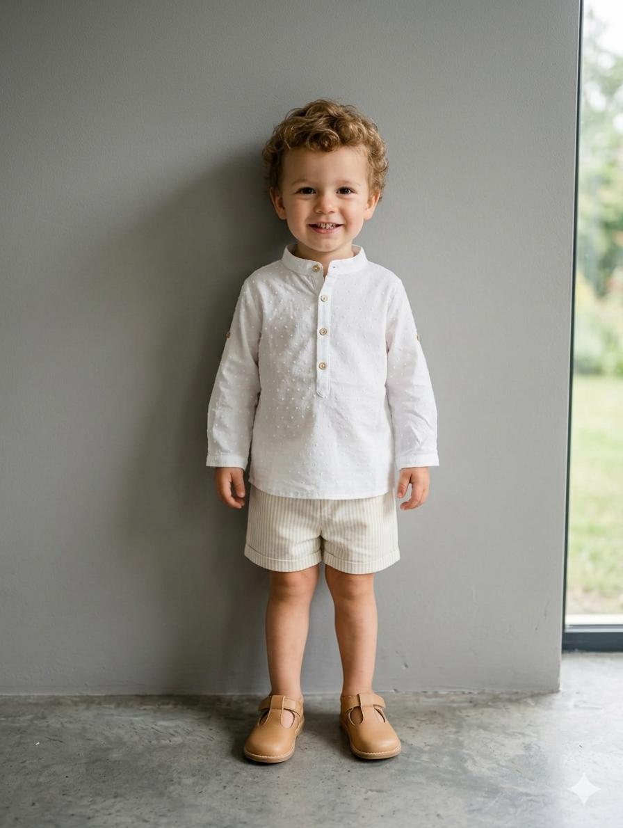Nekenia Conjunto Bebé Camisa M/L Plumeti Blanco Pantalon Corto Rayas 24VC19 Camel