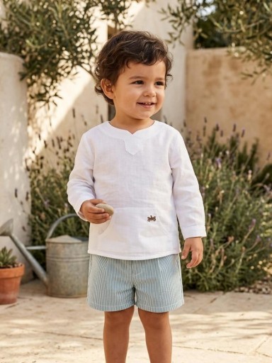 Nekenia Conjunto Bébe Camisa Beig  Bolsillos Canguro Pantalón Corto Rayas Verde  2221503 [0]