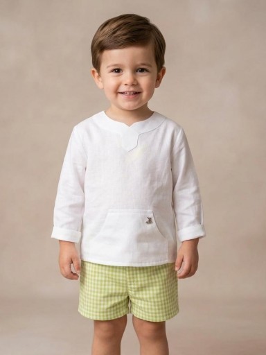 Nekenia Conjunto Bébe Camisa Blanca Bolsillos Canguro Pantalón Corto Cuadro Vichy Verde 2221503 [0]